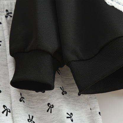 Girls' Lace Sweatshirt+Prints Flared Pants Cute Set