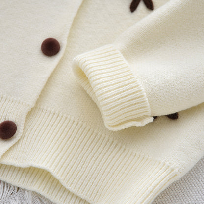 Girls' 3D Floral Cardigan+Pleated Skirt Knitted Sweater Set