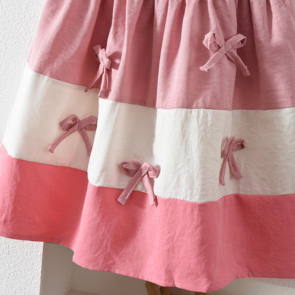 Short Sleeve Patchwork Outfit Kid Girl's Bow Princess Dress