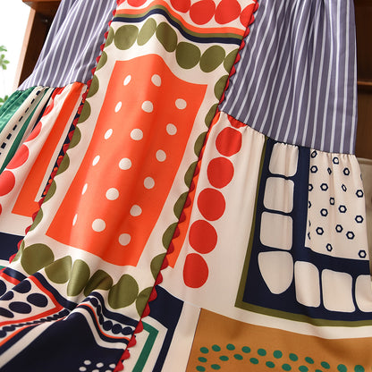 Girls' Geometry Print Color Blocking Sleeveless Dress