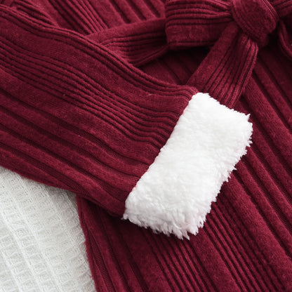 Girls' Wine Red Christmas Outfit Fluffy Patchwork Dress+A free beret