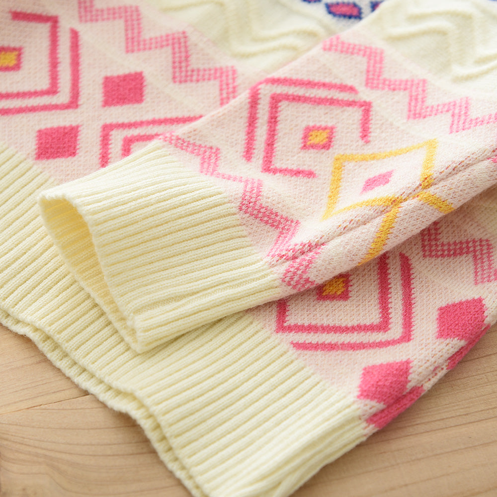 Girls' Colorful Geometry Pattern Knitted Top+Skirt Sweater Set