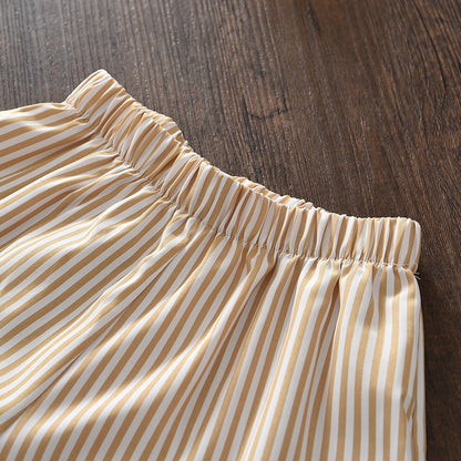 Lace Ruffle Sleeveless Top+Stripes Wide Leg Pants Girls' Elegant Set