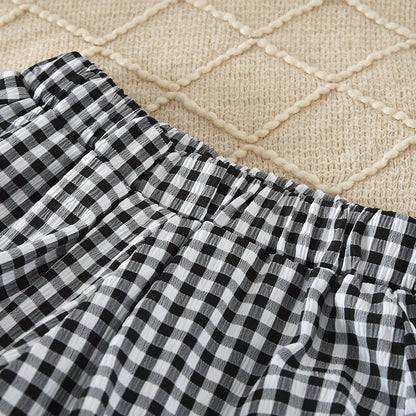 Cute Bow Sleeveless T-shirt+Plaid Shorts Girls' Lovely Outfit