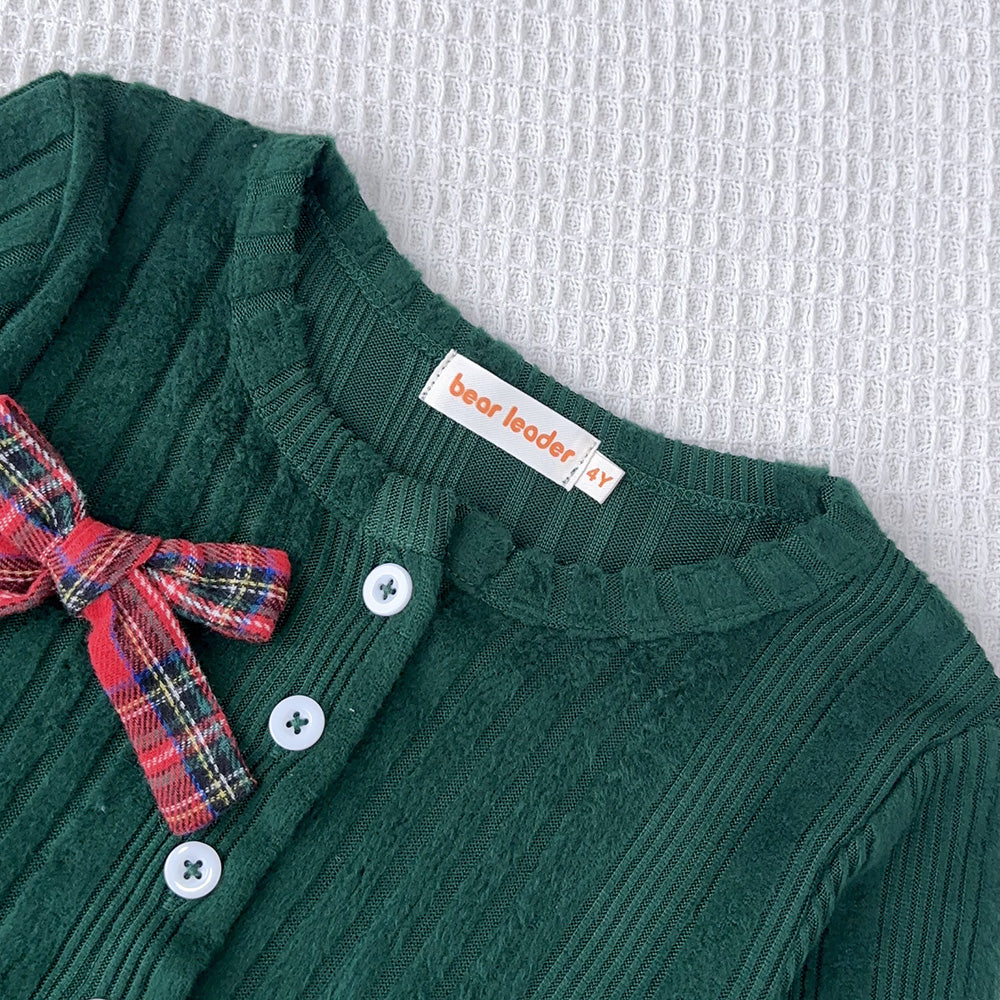 Girls' Color Blocking Plaid Dress+Bow Cardigan 2pcs Christmas Outfit