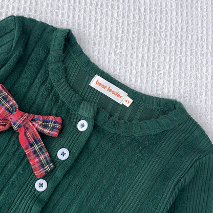 Girls' Color Blocking Plaid Dress+Bow Cardigan 2pcs Christmas Outfit