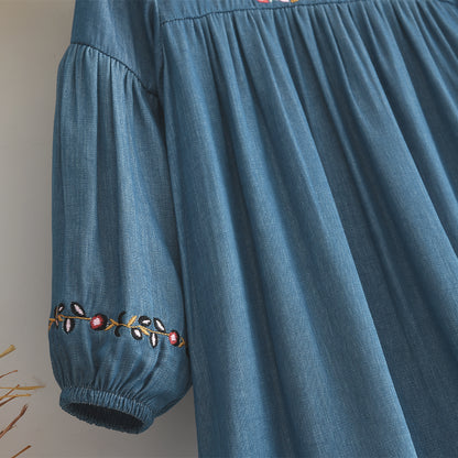 Girls' Long Sleeve Jean Blue Floral Embroidery Dress