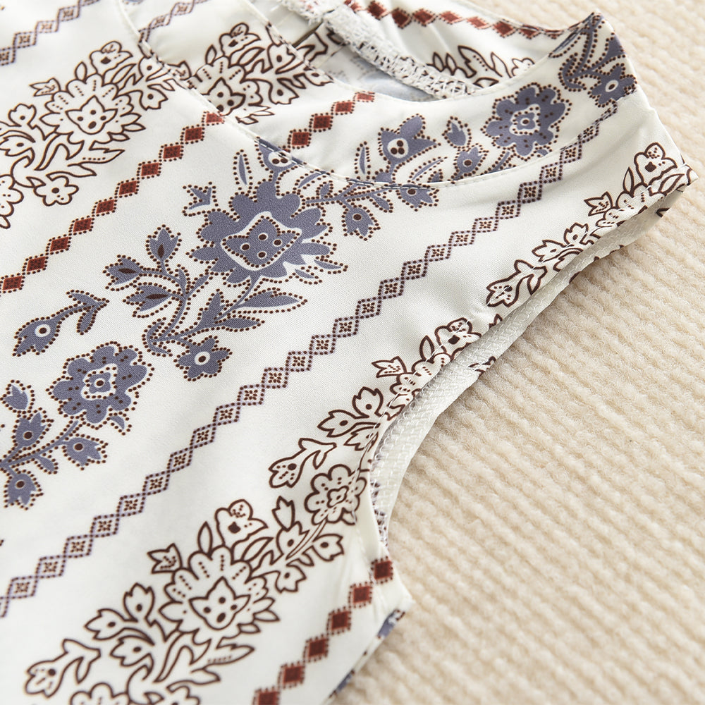 Girls' Ethnic Style Floral Print Ruffle Top+Flared Pants 2pcs Set