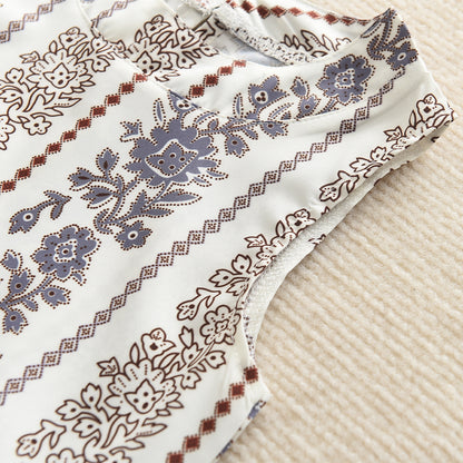 Girls' Ethnic Style Floral Print Ruffle Top+Flared Pants 2pcs Set