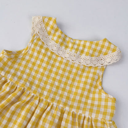Girls' Plaid Pattern Lace Dress
