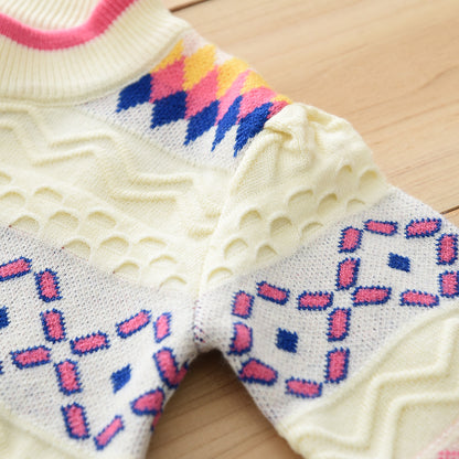 Girls' Colorful Geometry Pattern Knitted Top+Skirt Sweater Set