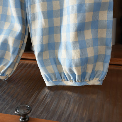 Girls' Long Sleeve T-shirt Plaid Lantern Pants+Free Bag 3pcs Set