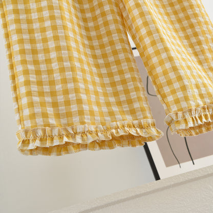 Fresh Plaid Ruffle Shirt+Casual Pants Girls' Cute Set