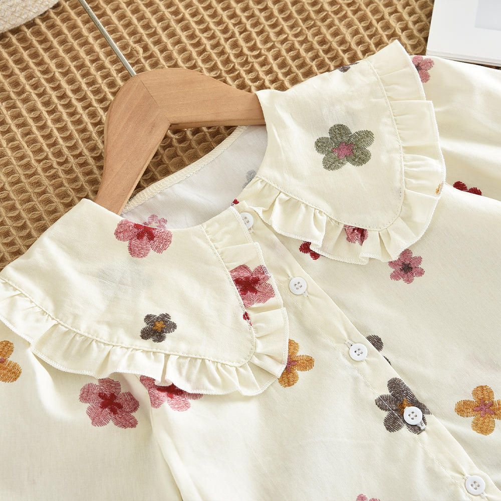 Spring&Autumn Colorful Floral Prints Long Sleeve Shirt+Skirt Girls Set