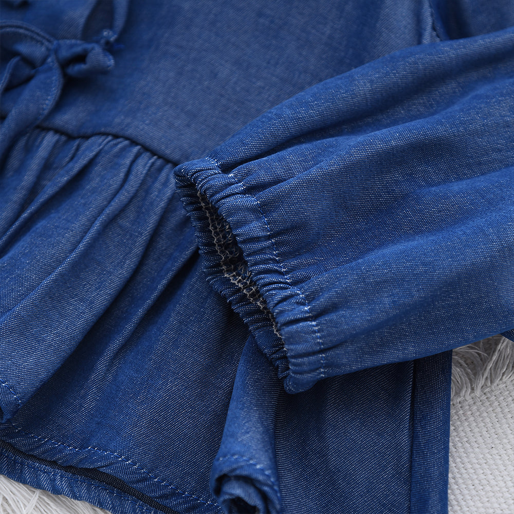Girls' Bow-knot Fake Denim Ruffle Blouse
