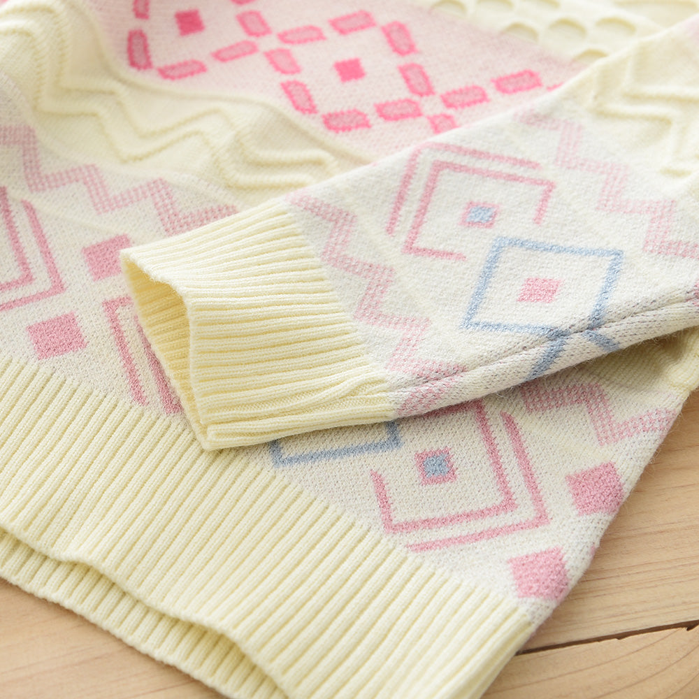 Girls' Colorful Geometry Pattern Knitted Top+Skirt Sweater Set