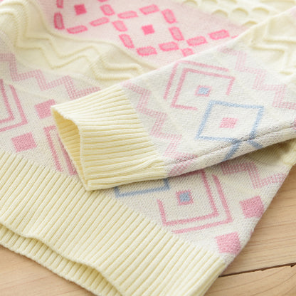 Girls' Colorful Geometry Pattern Knitted Top+Skirt Sweater Set
