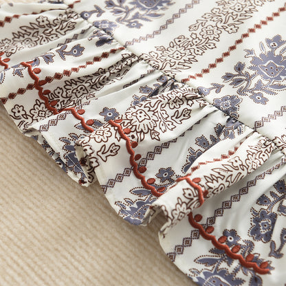 Girls' Ethnic Style Floral Print Ruffle Top+Flared Pants 2pcs Set