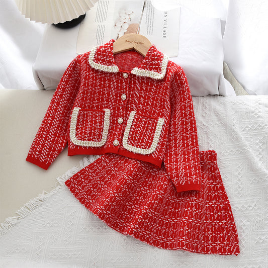 Girls' Plaid Pattern Knitted Cardigan+Skirt 2pcs Set