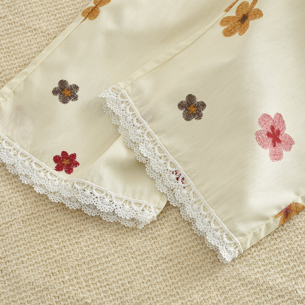 Multi-color Floral Prints Lace Shirt+Pants 100% Cotton Girls Pajamas Set