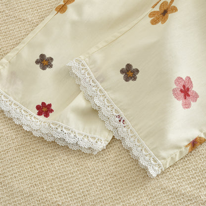 Multi-color Floral Prints Lace Shirt+Pants 100% Cotton Girls Pajamas Set