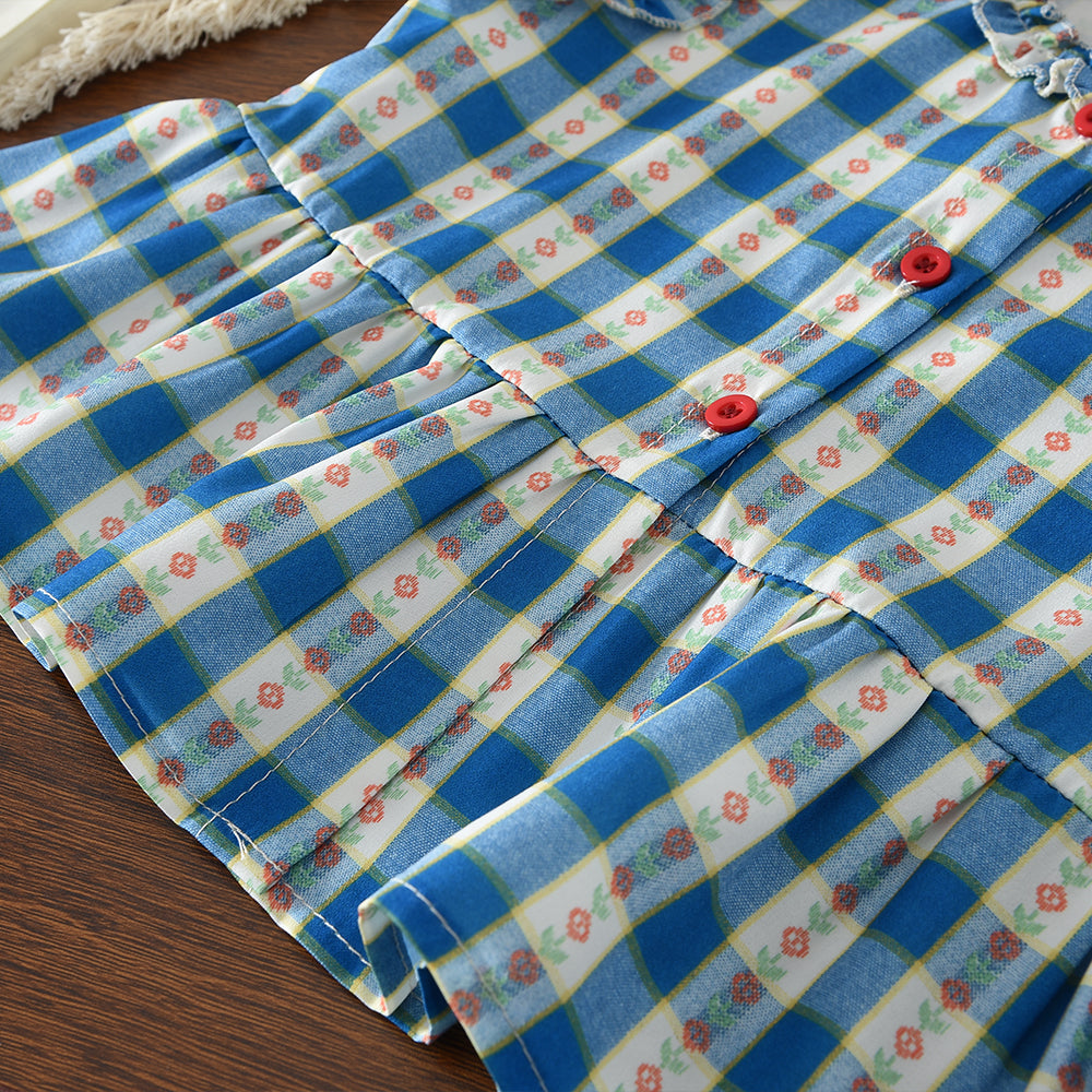 Floral Plaid Pattern Contrasting Colors Ruffle Girls' Summer Cute Set