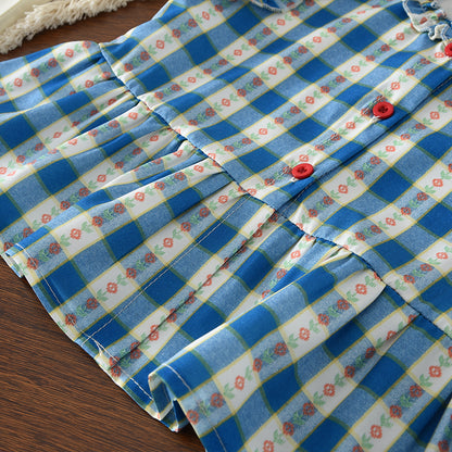 Floral Plaid Pattern Contrasting Colors Ruffle Girls' Summer Cute Set