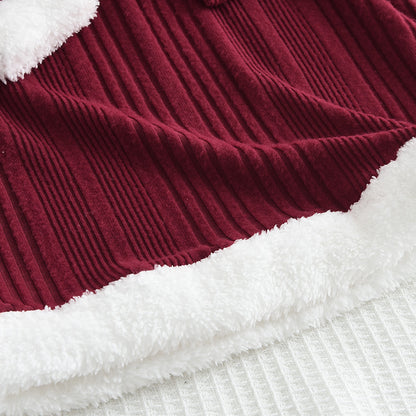 Girls' Wine Red Christmas Outfit Fluffy Patchwork Dress+A free beret