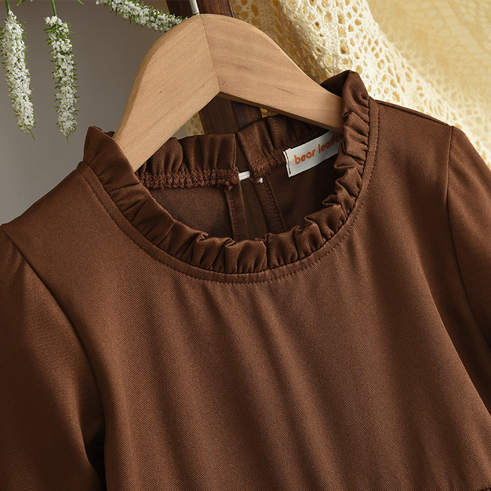 Ruffle Long Sleeve Dress+Fluffy Vest 2pcs Girls' Dress Set