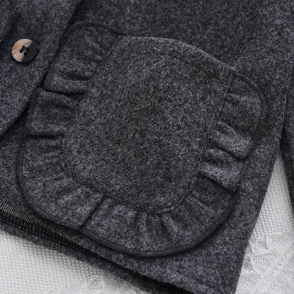 Girls' Pockets Ruffle Coat+Skirt 2pcs Vintage Set