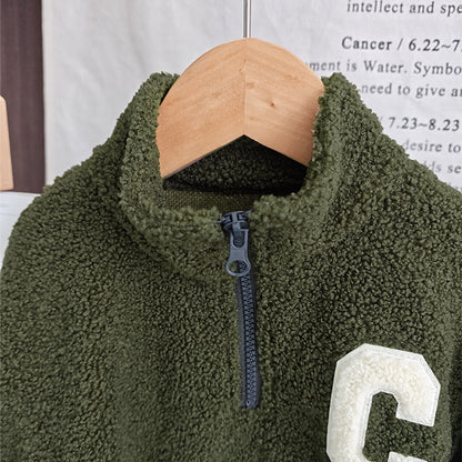 Letter Half Zip Top+Sweatpants Girls'&Boys Sports Set