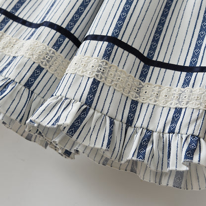 Bow Lace Stripes Shirt+Ruffle Pants Girls' Stylish Summer Set