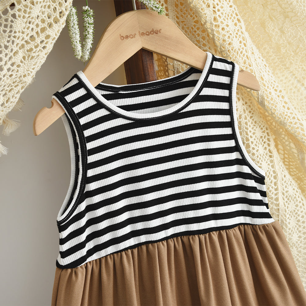 Girls' Stripes Patchwork Dress+Coat Casual Set