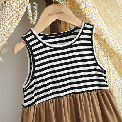 Girls' Stripes Patchwork Dress+Coat Casual Set