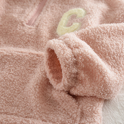 Girls' Letter Patch Zip Top+Trousers Fluffy Casual Set