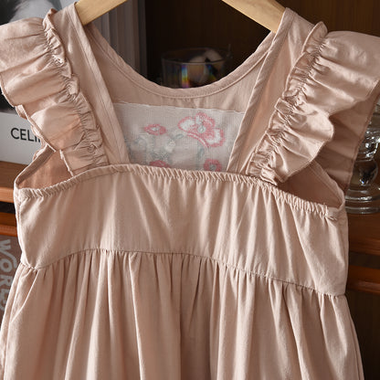 Floral Embroidery Ruffle Outfit Girls' 100% Cotton Casual Dress