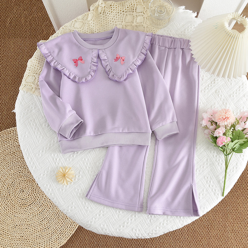 Girls' Bow-knot Printing Ruffle Cute Sweatshirt Set