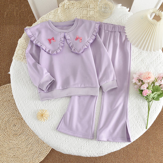 Girls' Bow-knot Printing Ruffle Cute Sweatshirt Set