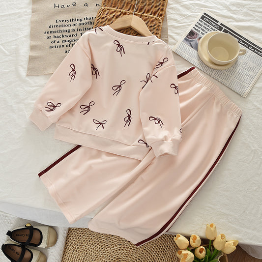 Girls' Bow Print Sweatshirt Stripes Sweatpants 2pcs Casual Set Girls Clothes