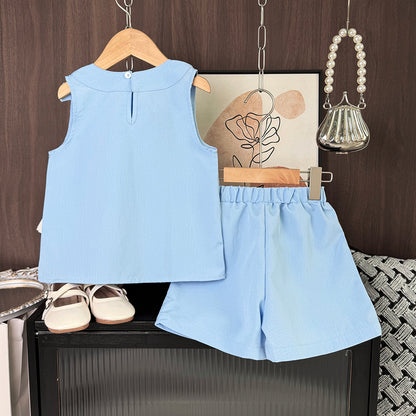Girls' Bow-knot Top+shorts 2PCS Casual Set