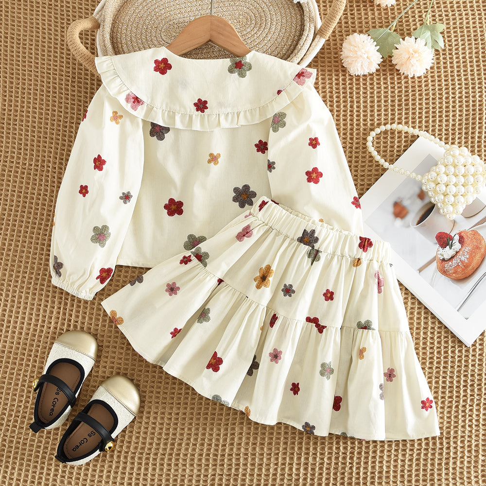 Spring&Autumn Colorful Floral Prints Long Sleeve Shirt+Skirt Girls Set