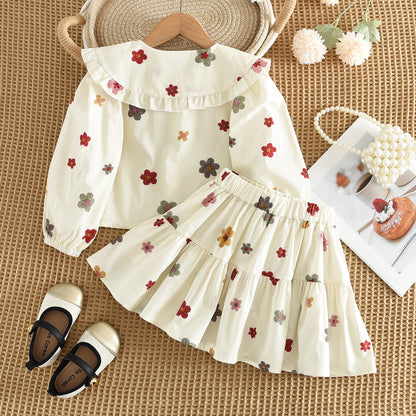 Spring&Autumn Colorful Floral Prints Long Sleeve Shirt+Skirt Girls Set