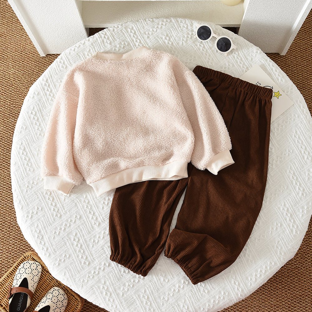 Girls' Fluffy Bow Top+Casual Trousers Cute Set