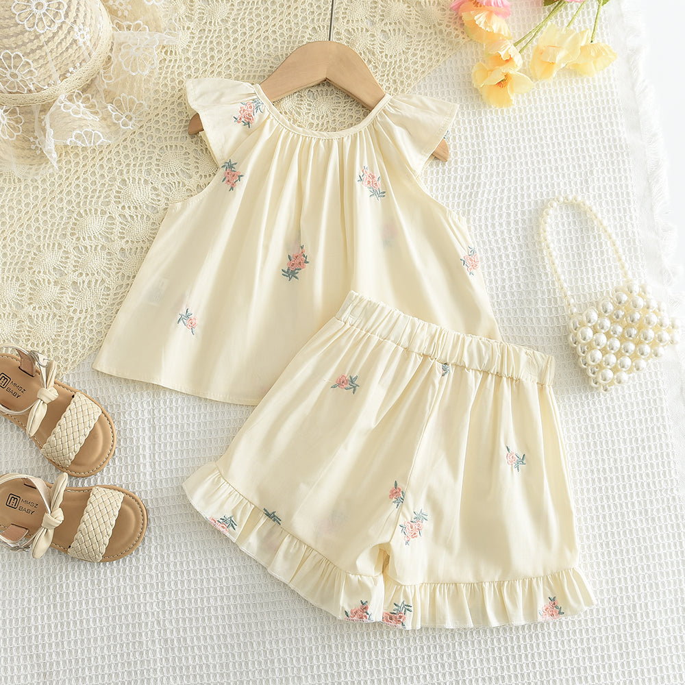 Girls' Floral Embroidery Ruffle Cotton Set