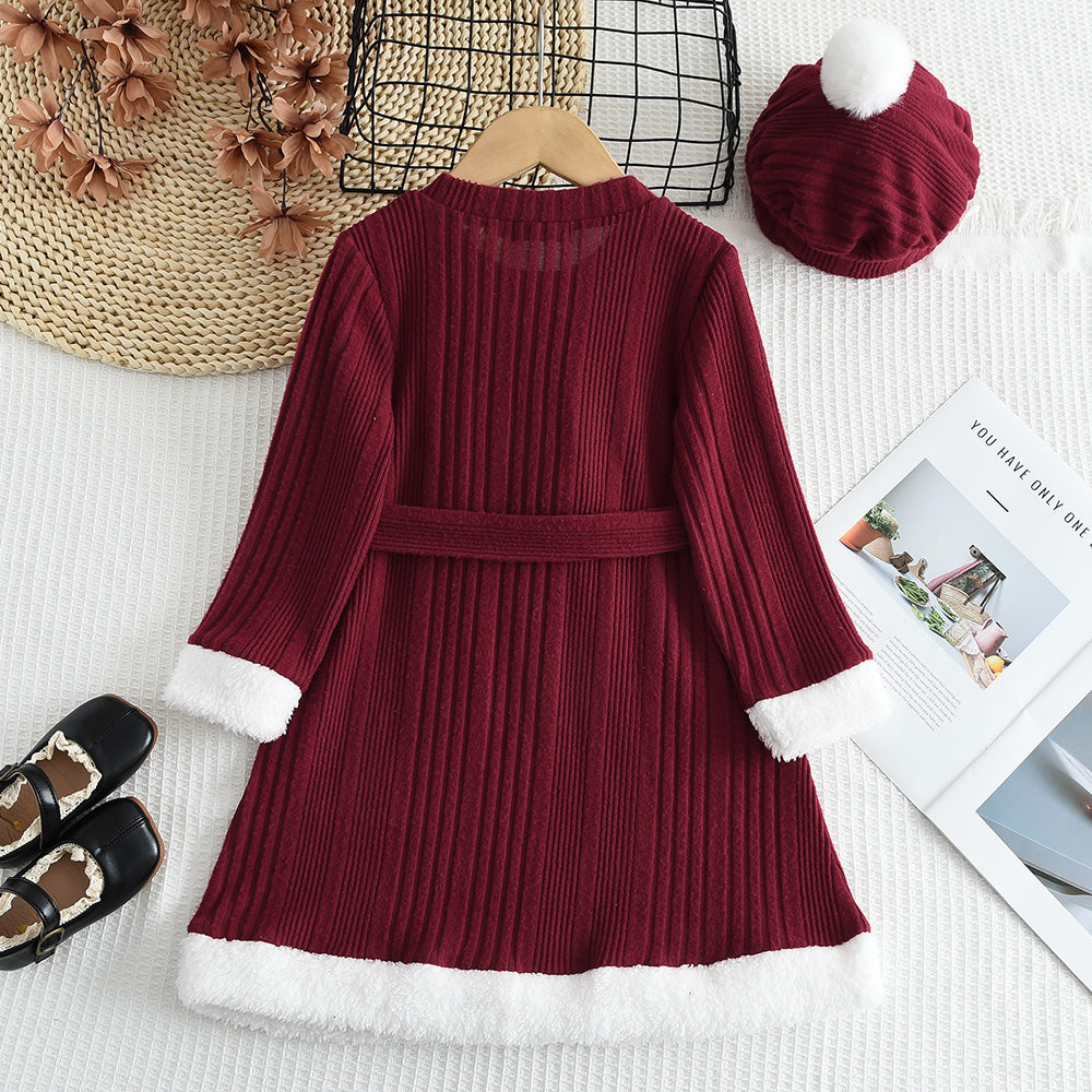Girls' Wine Red Christmas Outfit Fluffy Patchwork Dress+A free beret