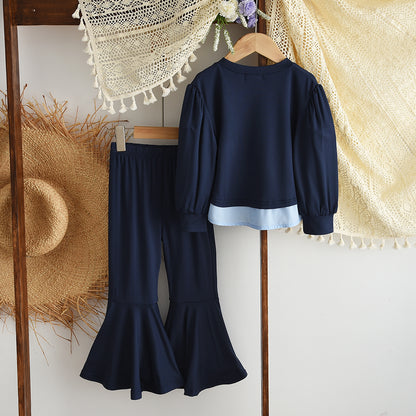 Girls' Patchwork Sweatshirt+Flared Trousers Fashion Set