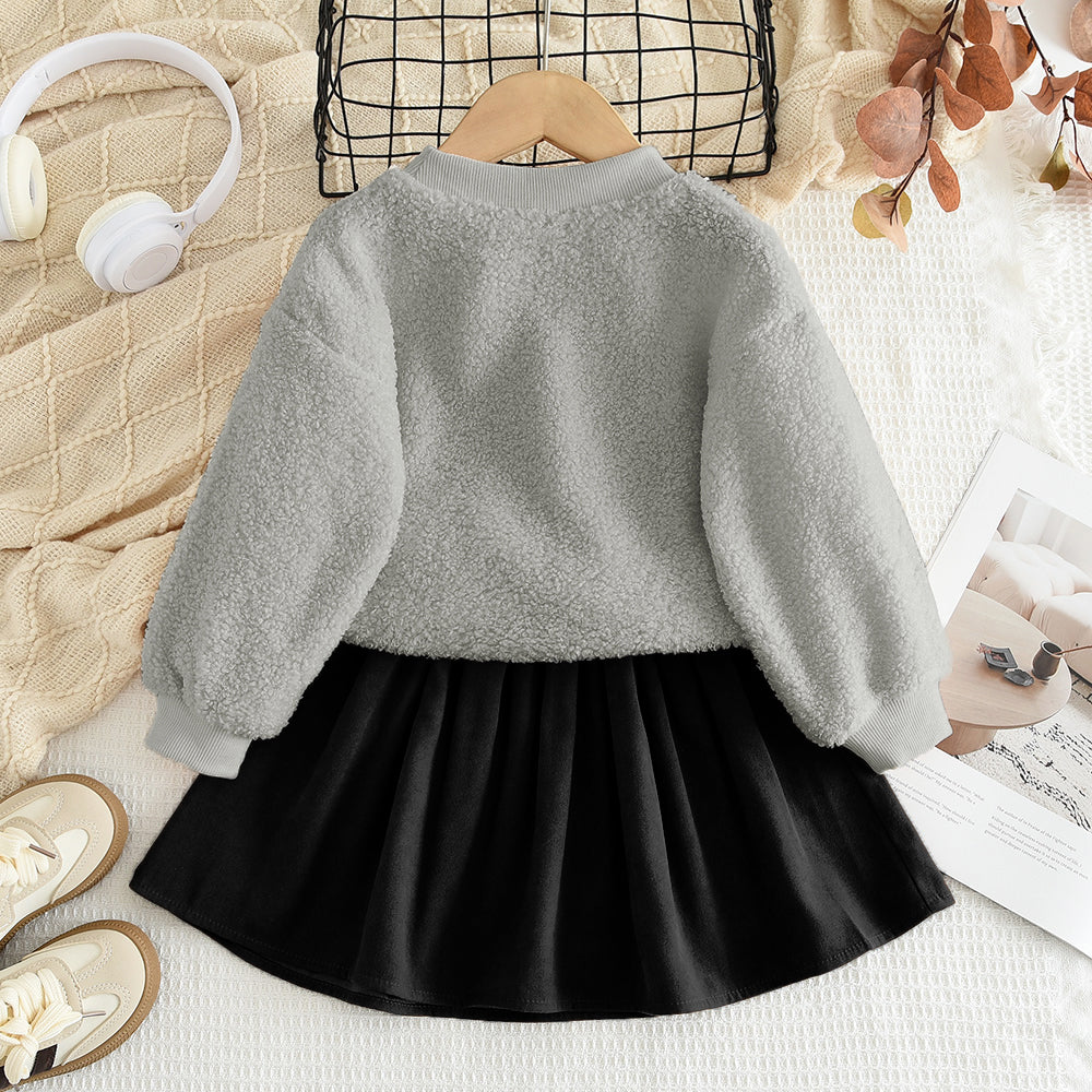 Girls' Bow Fluffy Top+Skirt 2pcs Casual Set