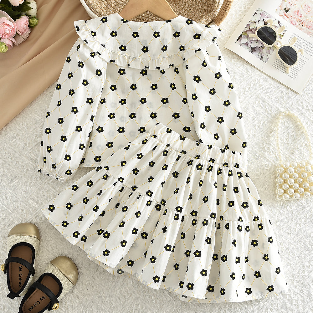 Girls' Bow-knot Printing Shirt+Patchwork Skirt Set