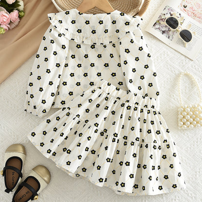 Girls' Bow-knot Printing Shirt+Patchwork Skirt Set