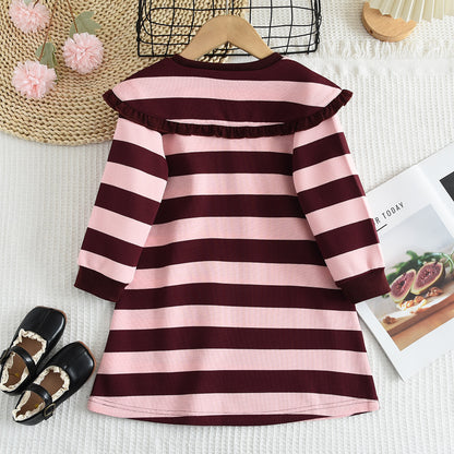 Girls' Stripes Large Lapel Casual Dress